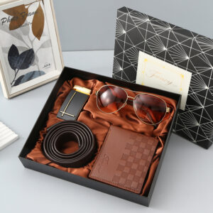 Brown 5-piece set: sunglasses automatic buckle head belt wallet exquisite gift box / Gift Box