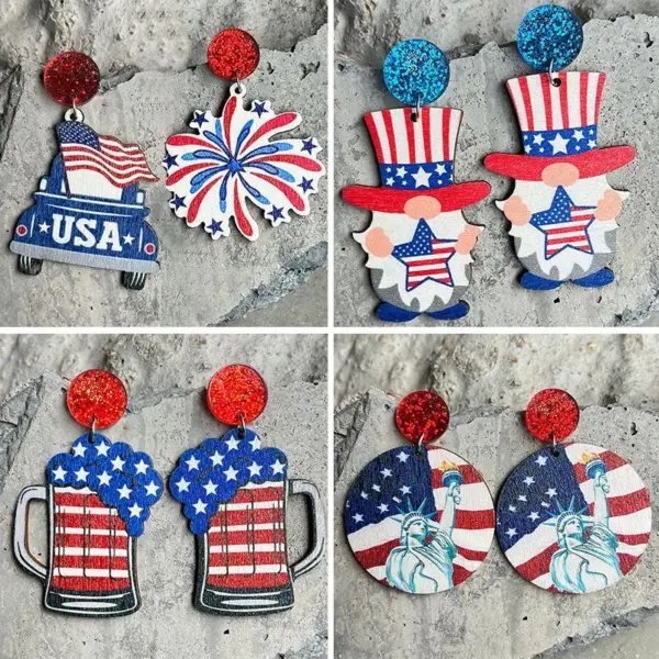 Wholesale Wooden Earrings American Independence Day Elf Statue Of Liberty Festive Atmosphere July 4th Original Design Geometric Pattern