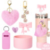 oly-e8fb118989e7efca63f982a0c5489e28 Wholesale Stanley Valentine's Day Love Hair Ball Pendant Silicone Cup Cover Bow Straw Plug Couple Heart-shaped Keychain