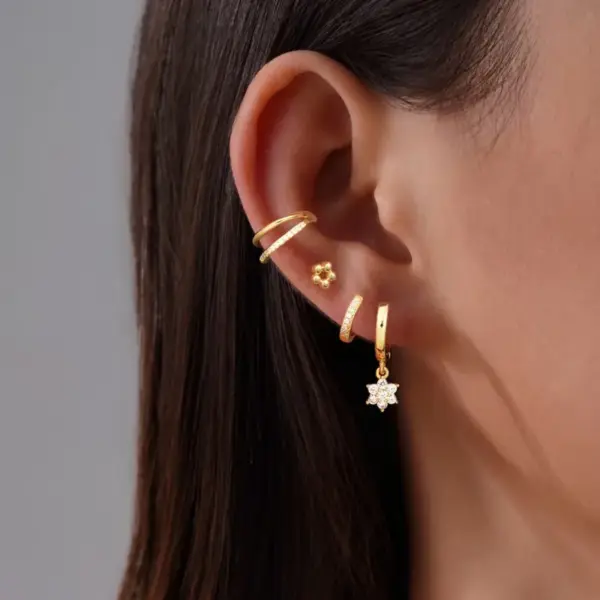 Wholesale True Gold Plated Brass Six-Pointed Star Pendant Earrings For Women Fashionable Geometric Shape Jewelry With Embedded Zirconia