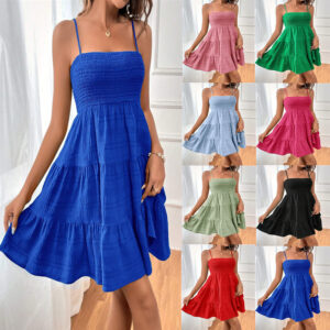 Wholesale 2024 European American Amazon Cross-border Women's Summer New Arrival One-character Collar Thin Sling Solid Color All-match Textured Dress