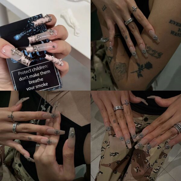 Wholesale Vintage Nail Art Jewelry Wholesale Punk Cross Scout Flower Diablo Silver Metal Nail Jewelry