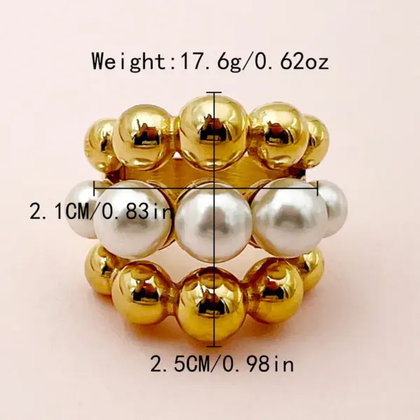 Wholesale Women's 304 Stainless Steel PVD Coated 14K Gold Plated Plating Hollow Out Inlay Round Pearl Rings Imitation Pearl Jewelry