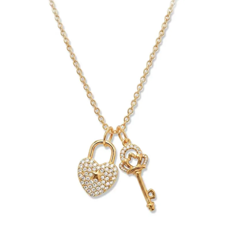 Wholesale Asymmetrical Key Necklace For Women In 304 Stainless Steel With 18K Real Gold Plating And Rhinestone Inlay, PVD Coated Cable Chain
