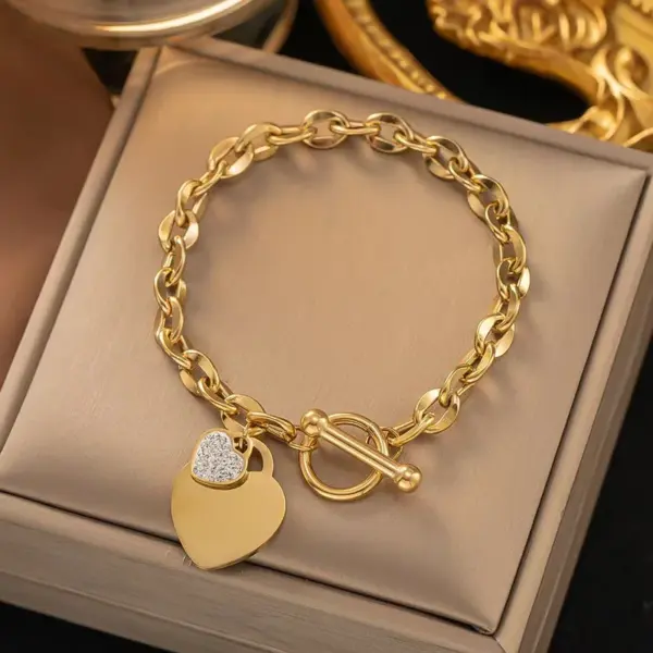Wholesale 304 Stainless Steel Plastic Heart Shape Ion Plating (IP) Artificial Rhinestones 18K Gold Plated Simple Style Waterproof Non Tarnish Inlay Regular Chain Lobster Trigger Clasp Closure Rose Gold Multicolor-Golden Yellow Silver Bracelets