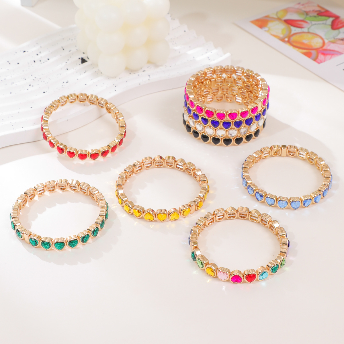 Wholesale European and American Cross-Border Love Alloy Diamond Bracelet Colorful Heart-Shaped Bracelet Women's Elastic Bracelet Fashion Jewelry