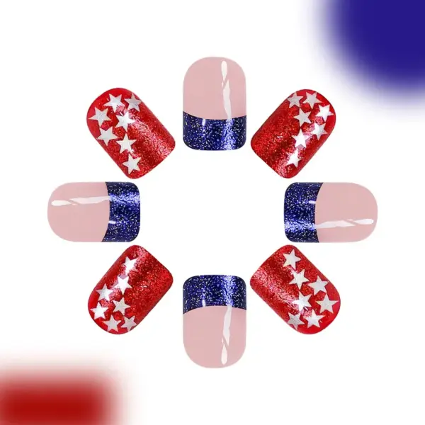 Wholesale Wearable Short Glossy French Nail Tips Red And Blue Color Matching American Independence Day Star Pattern 24 Pieces