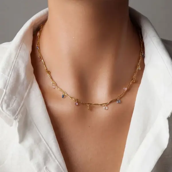 Wholesale French Line Wrapped Colorful Zircon Heart-Shaped Mixed Color 18K Gold Plated 304 Stainless Steel Vacuum Electroplated Necklace For Women Clavicle Chain Snake Chain