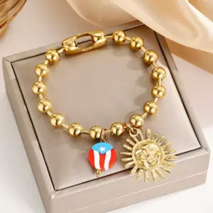Wholesale National Flag Vacuum Plating (In Furnace) 24K Real Gold 304 Stainless Steel No Inlay Material Handmade Ball Chain Bracelet Unisex