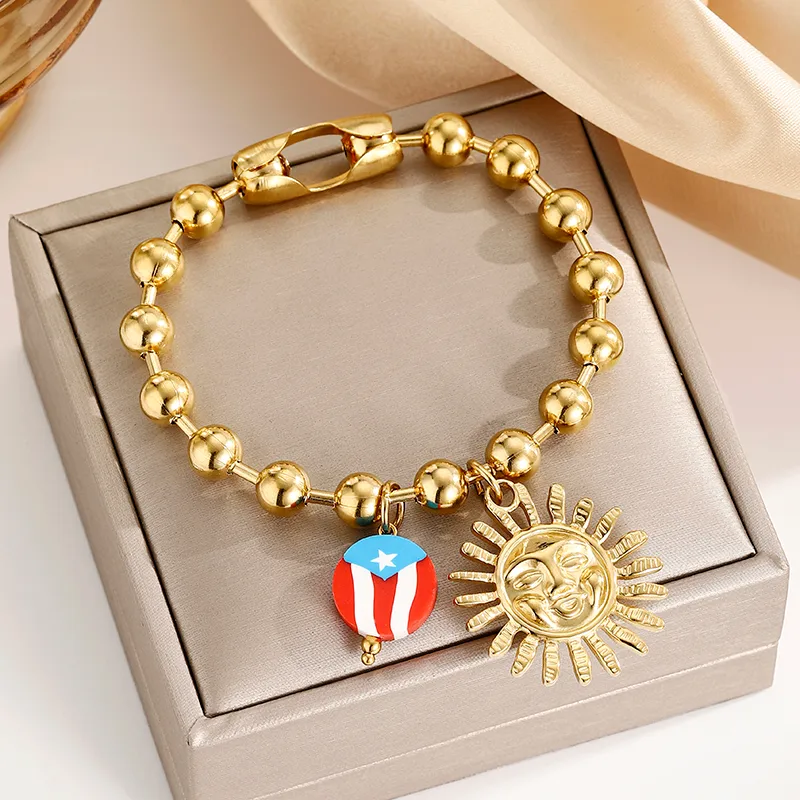 Wholesale National Flag Vacuum Plating (In Furnace) 24K Real Gold 304 Stainless Steel No Inlay Material Handmade Ball Chain Bracelet Unisex