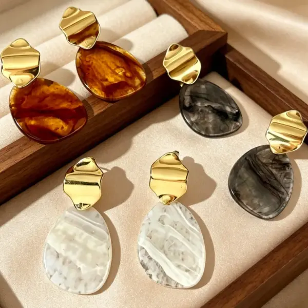 Wholesale Waterproof Non Tarnish Irregular Stud Earrings For Women, 304 Stainless Steel With 18K Real Gold PVD Coating And Resin Inlay