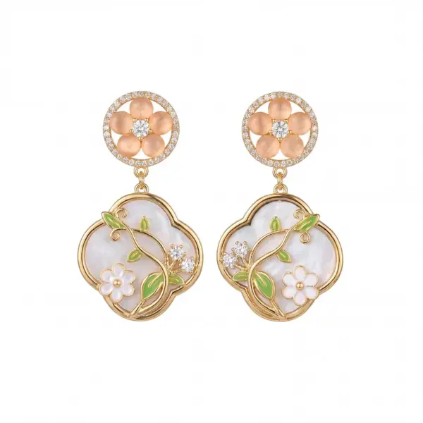 Wholesale Women’s Real Gold Plated Copper Drop Earrings Featuring Beaded Flowers Design