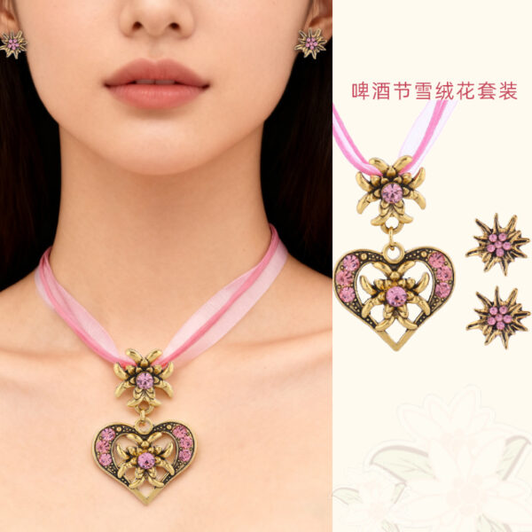 Wholesale Electroplated zinc alloy beer festival necklace with heart-shaped diamond-encrusted edelweiss set, Nordic style jewelry.