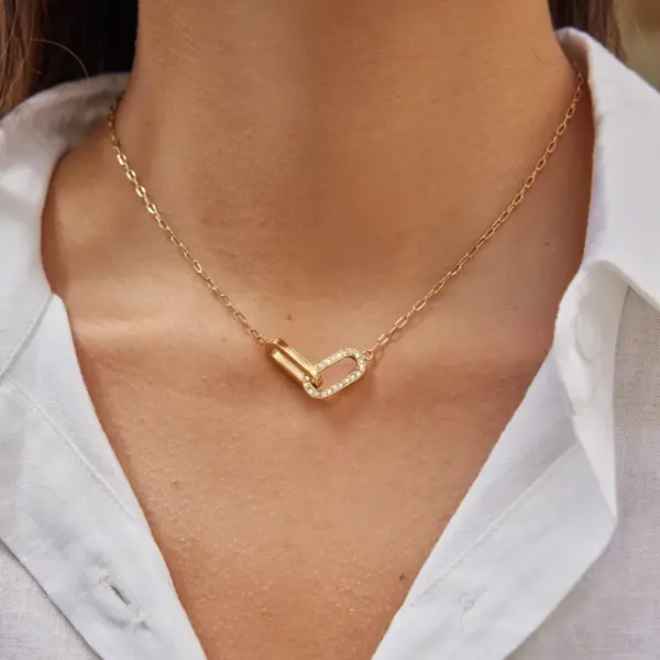 Wholesale Women's Classic Style 18K Gold 304 Stainless Steel + White Rhinestone Double Ring Necklace Earring Set 18K Real Gold Plated Vacuum Electroplating (In Furnace) Zircon Geometric Pattern (Jewelry) Waterproof Non-Fading Asymmetric Handmade Chain Jewelry Set For Women