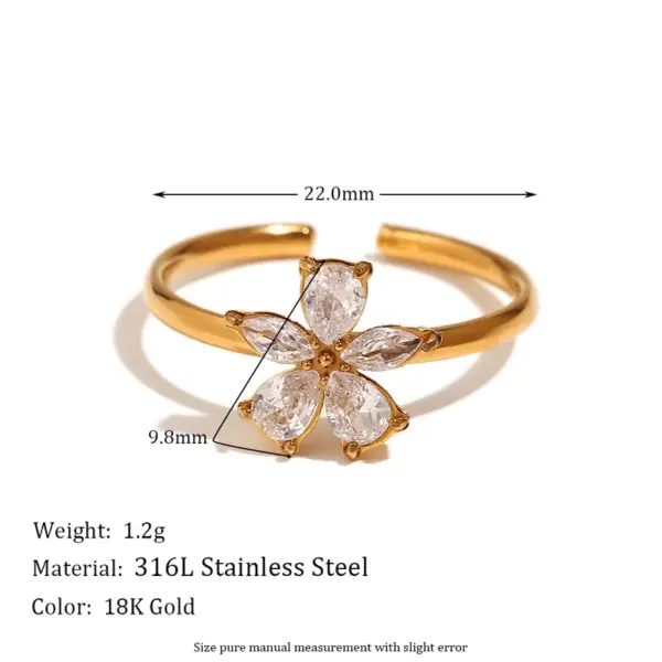 Wholesale PVD Coated Real Gold Plated 18K Gold Flower 304 Stainless Steel Simple Style Waterproof Non Tarnish Open Rings