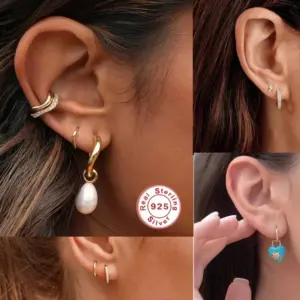 Wholesale 1 Pair S925 Sterling Silver Curved Wave Two-tone Diamond Earrings Silver Round Hoop Earrings