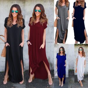 oly-ec4187e254d46dbef69acc8541339e69 Wholesale Long Dress Summer V-Neck Pocket Split Dress