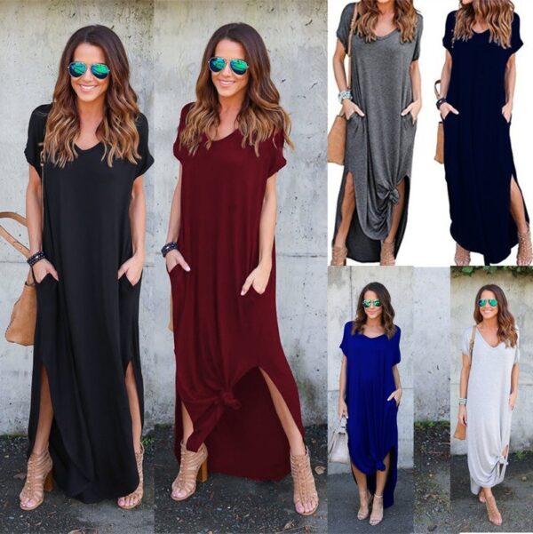 oly-ec4187e254d46dbef69acc8541339e69 Wholesale Long Dress Summer V-Neck Pocket Split Dress