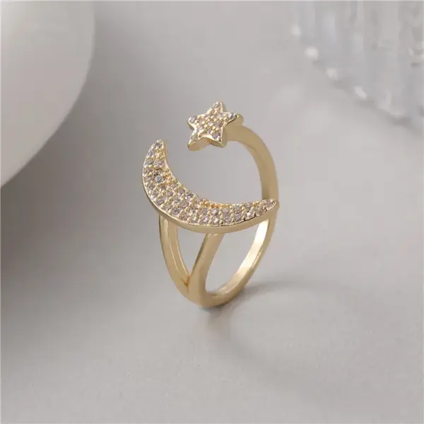 Wholesale Unisex Moon Open Ring In Copper With 14K Real Gold Electroplated Finish And Zircon Inlay