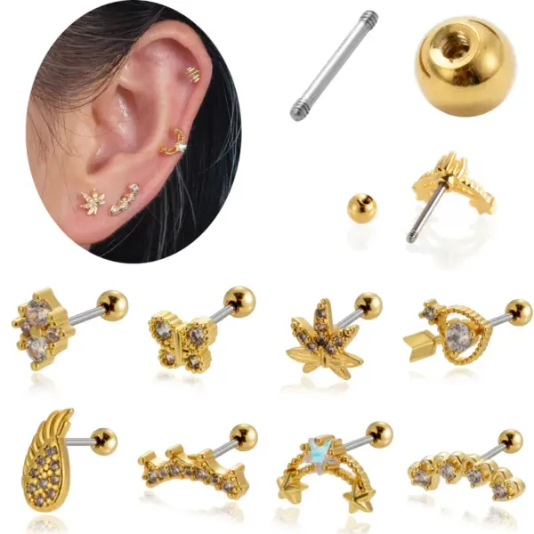 Wholesale 1 Piece Ear Cartilage Rings & Studs Vintage Style French Style Simple Style Star Wings Butterfly 316L Stainless Steel Copper Waterproof Non Tarnish Surgical Steel Zircon