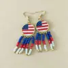 Wholesale American Flag Tassel Earrings For Independence Day, Unisex Design With Red Seed Bead Inlay And Zinc Alloy Ear Pins