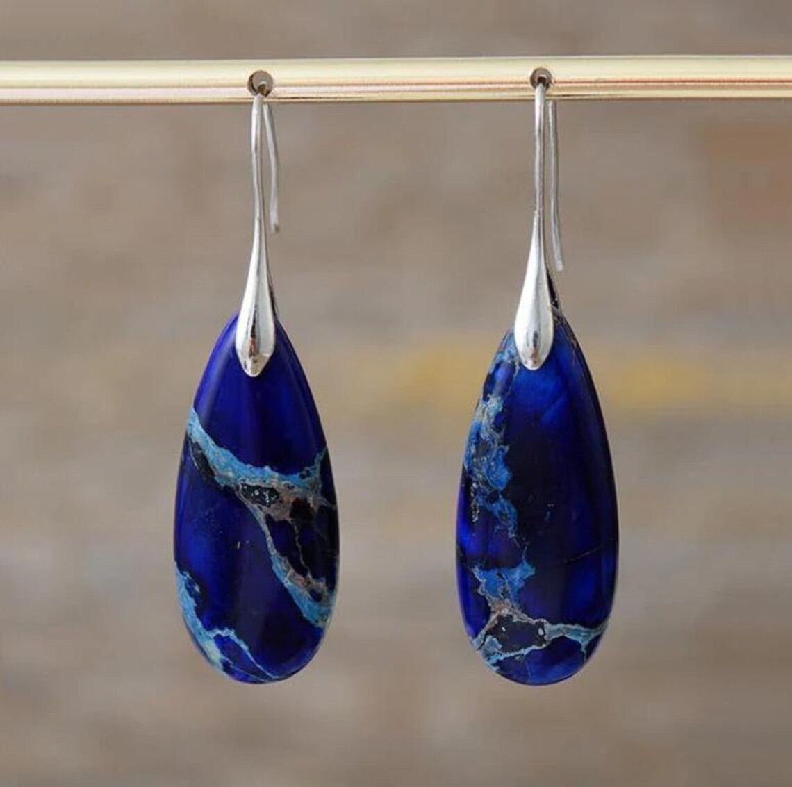 Wholesale Natural Emperor Stone Earrings Lapis Lazuli Blue Natural Stone Water Drop Pendant Ear Hook Earrings European and American Cross-Border Valen