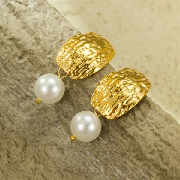 Wholesale 1 Pair IG Style Geometric Plating Inlay 304 Stainless Steel Freshwater Pearl 18K Gold Plated PVD Coated Drop Earrings