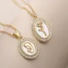 Wholesale Minimalist Vintage Copper Plated 18K Gold Inlaid Zircon Mother-of-Pearl Rose Flower Oval Pendant Necklace For Women Geometric