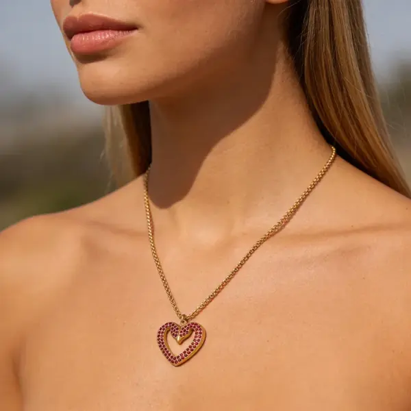 Wholesale 3D Heart Pendant Necklace For Women In 304 Stainless Steel With 18K Gold Plated PVD And Zircon Inlay, Cable Chain