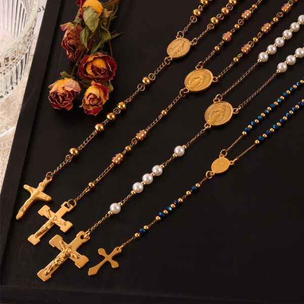 Wholesale British Style Niche Retro Rosary Cross Design Sense Figure Round Brand Pendant Design Sense Light Luxury Titanium Steel Necklace