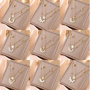 Wholesale 205 Double Layer Stacked Necklace Butterfly Star Four-Leaf Flower Simple 18K Gold Plated