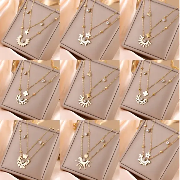 Wholesale 205 Double Layer Stacked Necklace Butterfly Star Four-Leaf Flower Simple 18K Gold Plated
