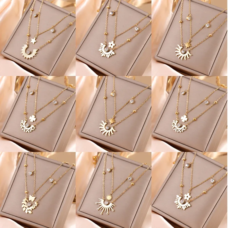 Wholesale 205 Double Layer Stacked Necklace Butterfly Star Four-Leaf Flower Simple 18K Gold Plated