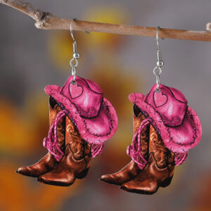 oly-ecd553805c5f5aed023835286c7cb72d Wholesale Cross-border New Western Style Pink Denim Hat Cowboy Boots Pendant Earrings Women's Wooden Double-sided Earrings