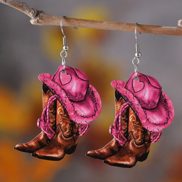 Wholesale Western Style Pink Denim Hat Cowboy Boots Pendant Earrings Women's Wooden Double-sided Earrings