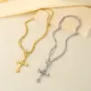 Wholesale Gothic Style Vintage Double Layered Stainless Steel Cross Bone Necklace Lobster Clasp Pendant Necklace For Women All Seasons