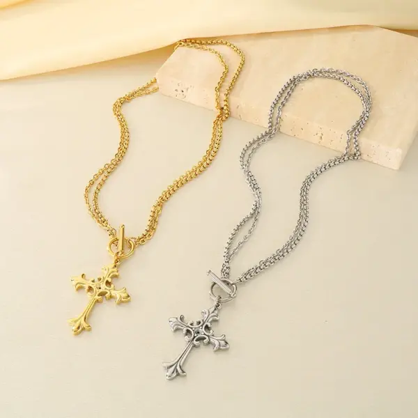 Wholesale Gothic Style Vintage Double Layered Stainless Steel Cross Bone Necklace Lobster Clasp Pendant Necklace For Women All Seasons
