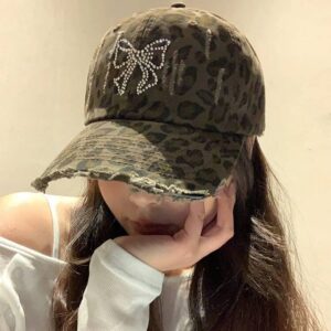 Brown-leopard print rhinestone butterfly / M(56-58cm)