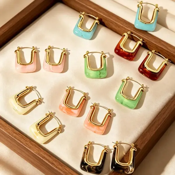 Wholesale Geometric Stud Earrings For Women, Waterproof Non Tarnish 304 Stainless Steel With 18K Real Gold Plated PVD Coating And Resin Inlay