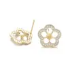 Wholesale 14K Real Gold Plated Copper Stud Earrings With Flowers Pattern And Zircon Inlay, Featuring 925 Sterling Silver Ear Pins