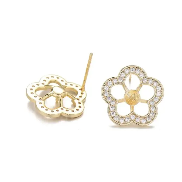 Wholesale 14K Real Gold Plated Copper Stud Earrings With Flowers Pattern And Zircon Inlay, Featuring 925 Sterling Silver Ear Pins