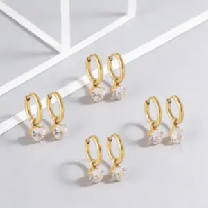 Wholesale Water Droplets Waterproof Non Tarnish Earrings For Women, 316 Stainless Steel With 18K Real Gold PVD Coated And Zircon Inlay