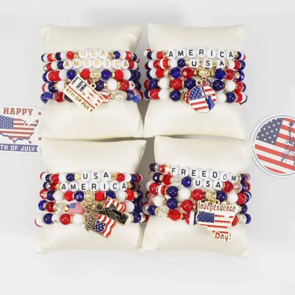 oly-ed50cf663b33f41e9a3e58a473dff0b1 Wholesale American Flag Independence Day Bracelet Red White Blue Beaded Bracelet Holiday Party Jewelry For Men And Women