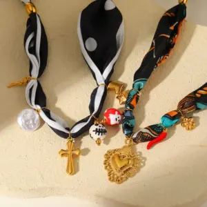 Wholesale Elegant Luxurious Lady Cross Heart Shape Ghost PVD Coated 304 Stainless Steel Imitation Pearl Ceramics Silk Scarf Cord Stretch Adjustable Pendant Necklaces Wholesale