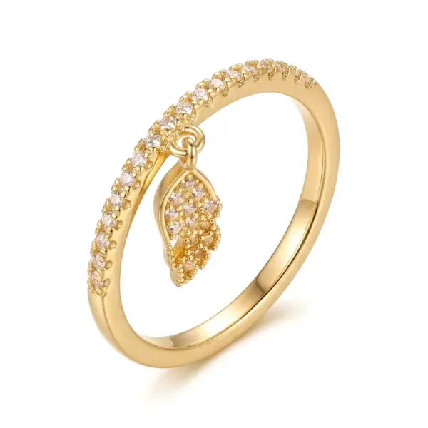 Wholesale Feather Pattern Women’s Ring With Bezel Setting, Copper Base With KC Golden Water Plating And Zircon Inlay