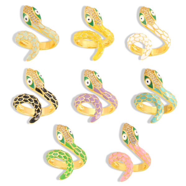 Wholesale All-match Color Oil Dripping Ins Wind Finger Ring Copper Gold Plated Diamond Three-dimensional Snake-shaped Winding Open Ring