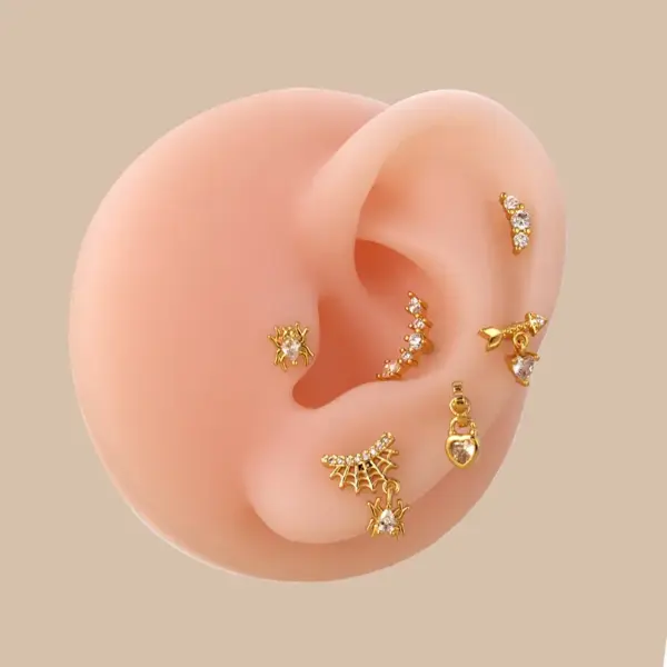 Wholesale 1 Piece 316L Stainless Steel Copper Zircon Ear Cartilage Rings & Studs Spider Spider Web Waterproof Non Tarnish Surgical Steel