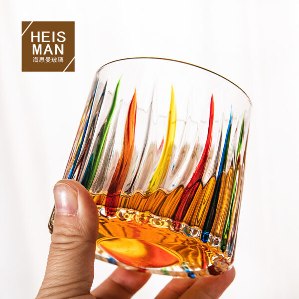 Wholesale Haisman thickened color glass creative rotating whiskey glass hand painted rotating cup with wooden tray decompression Cup