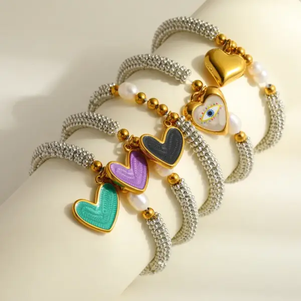 Wholesale Luxury Design 18K Gold Plated Stainless Steel Natural Pearl Heart Pendant Beaded Bracelet Elegant Romantic Fashion Jewelry