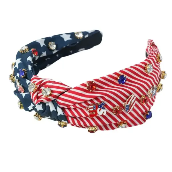 Wholesale Hot New American Flag Independence Day Headband Red White Blue Water Drill Hoop Knot Fabric Wide-brimmed Headband